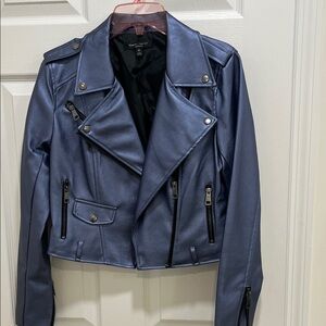 Romeo & Juliet Couture Metallic Blue Leather Jacket